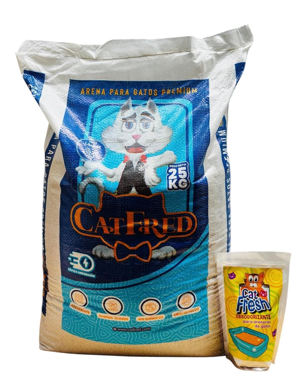 COMBO ARENA PREMIUM PARA GATOS CATFRED x 25 KG + DESODORIZANTE